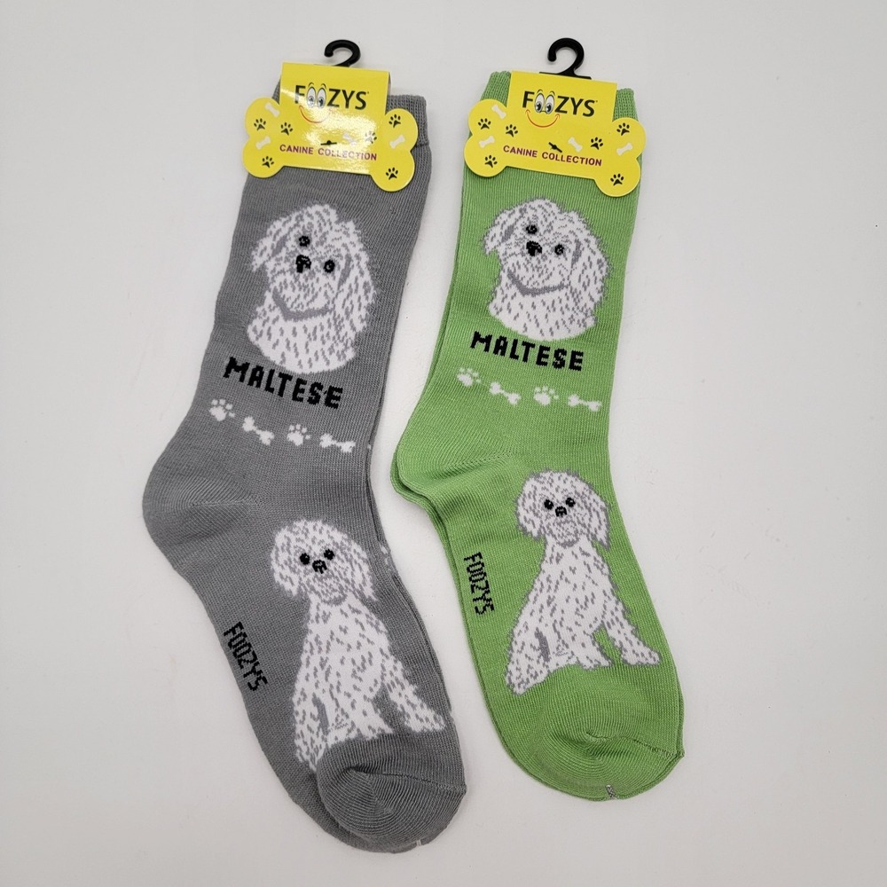 Women's Girls Foozys Socks 2 Pair Maltese Dog Puppy Print NWT Gift Gray Green